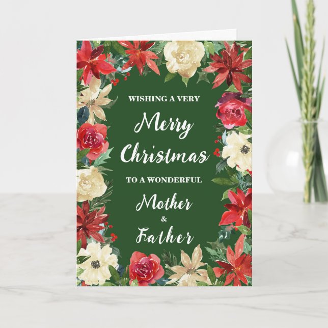 Floral Mother and Father Merry Christmas Card (Front)