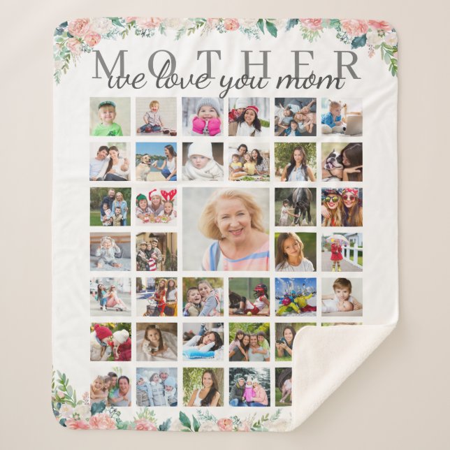 Floral MOTHER We Love You Photo Collage White Sherpa Blanket (Front)