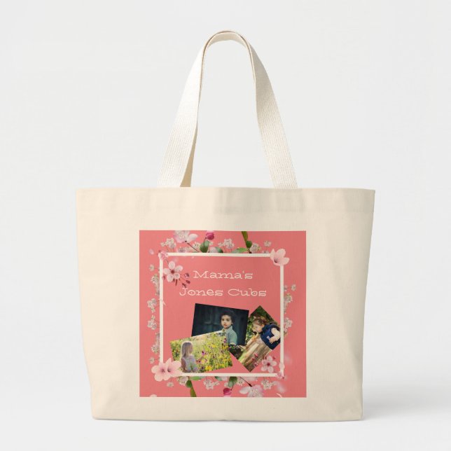 Floral Mother's Day Mama's three photo cubs    Large Tote Bag (Front)