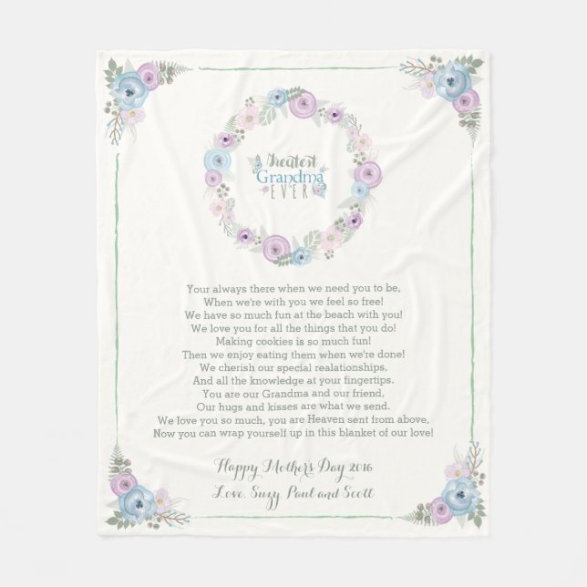 Floral Mothers Day Poem Fleece Blanket for Grandma (Front)