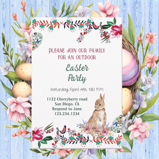Floral Motif Egg Watercolor Greenery Easter Bunny  Invitation (Floral Motif Egg Watercolor Greenery Easter Bunny Invitation)