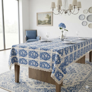 Floral Motifs French Toile De Jouy Vintage Blue  Tablecloth