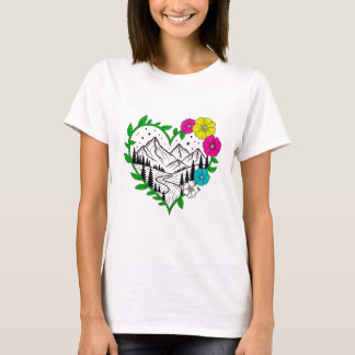 Floral Mountain Heart Scenic Nature Landscape Art T-Shirt