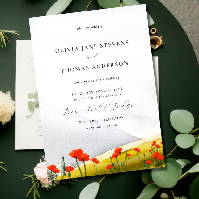Floral Mountain Meadow Wildflower Poppies Wedding Invitation (Creator Uploaded)