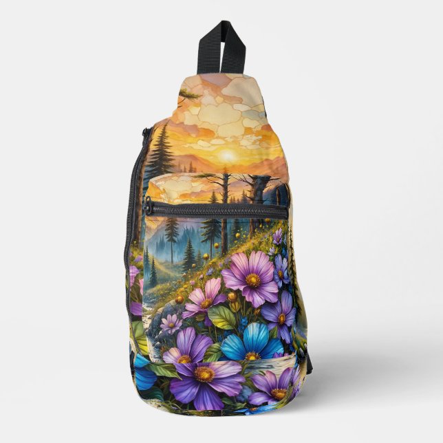 Floral Mountain Valley Sunrise Landscape Sling Bag (Front)