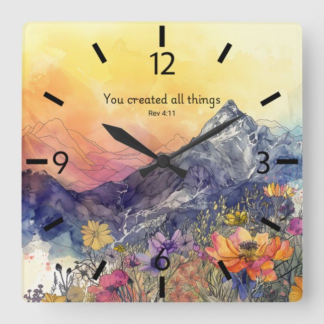 Floral mountain wall clock with bible verse  (Front)