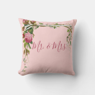 Floral Mr Mrs Wedding Bride Groom Elegant Pink Cushion