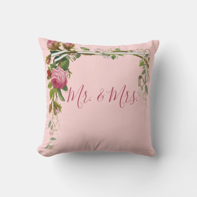 Floral Mr Mrs Wedding Bride Groom Elegant Pink Cushion (Front)