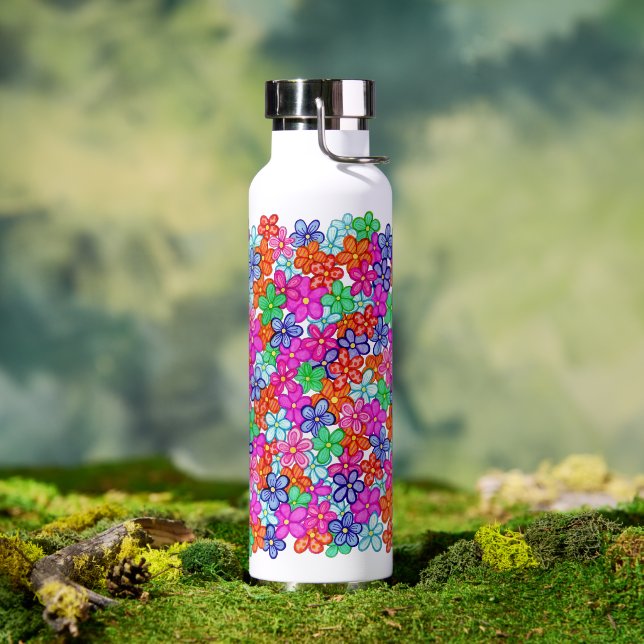 Floral Multicolored Flowers Drawing Pattern Water Bottle (Outdoor)