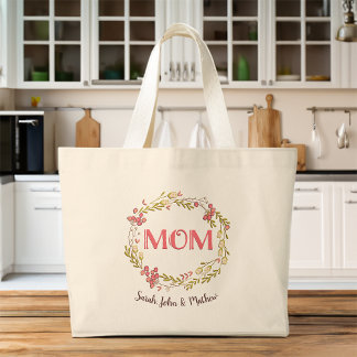 Floral Mum graphic with children names Tote Bag