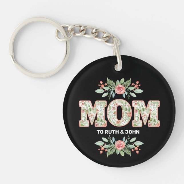 Floral Mum | Modern Mum Kids Names Mother's Day Key Ring (Front)