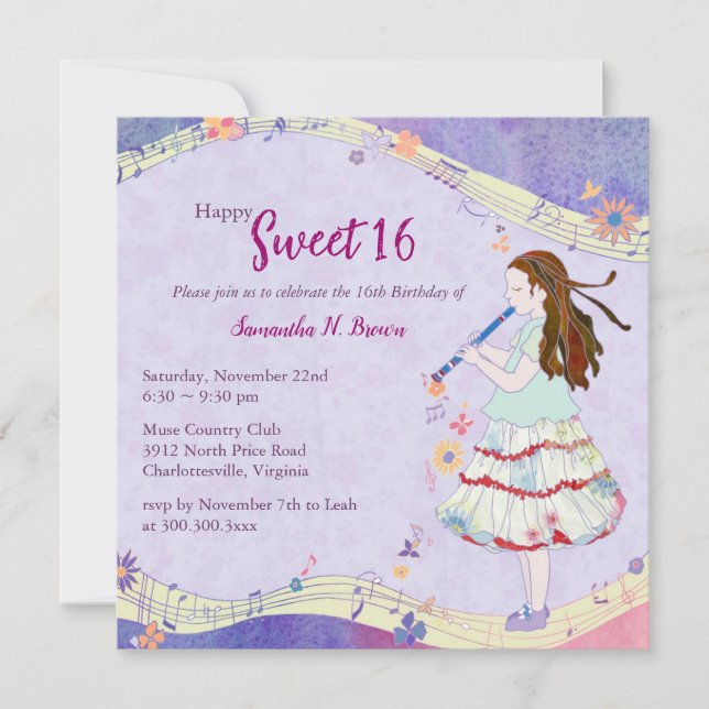 Floral Muse Sweet 16 Birthday Party Invitation (Front)