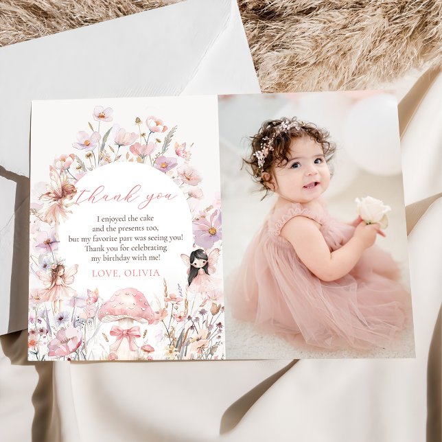 Floral Mushroom Fairy First Birthday Photo Thank You Card (Creator Uploaded)