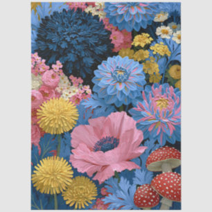 Floral Mushroom Garden in Pink and Blue Decoupage Tissue Paper