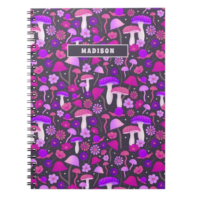 Floral Mushrooms Vibrant Pink, Purple & Black Notebook (Front)