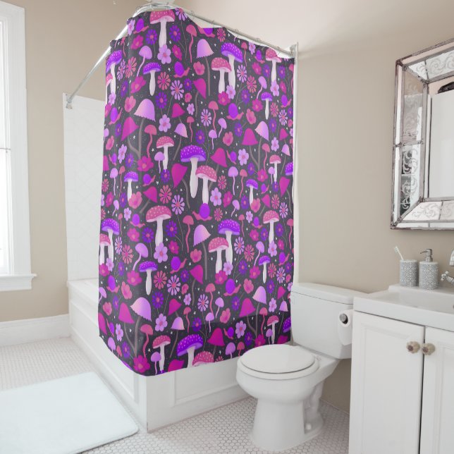 Floral Mushrooms Vibrant Pink, Purple & Black Shower Curtain (In Situ)