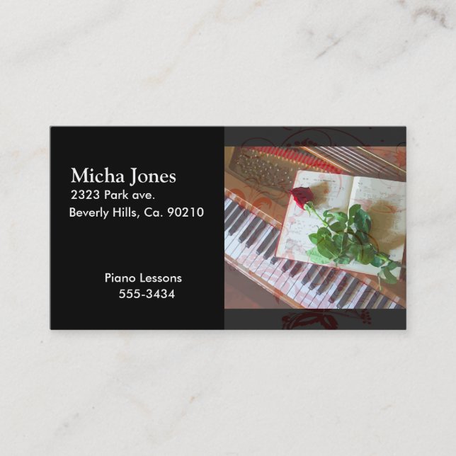 Floral Music Book Rose On Piano Business Card (Front)