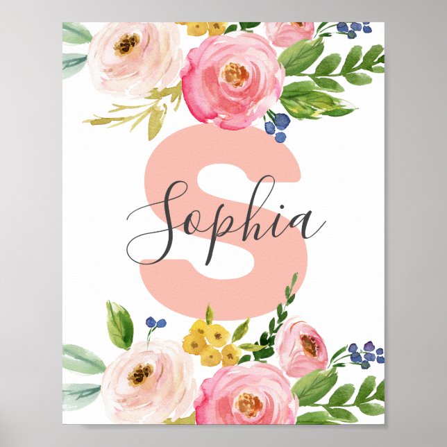 Floral Name Girl Baby Personalized Boho Nursery Poster (Front)