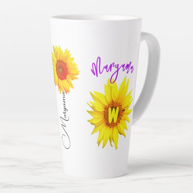 Floral Name & Monogram | Personalised Sunflower Latte Mug (Right Angle)