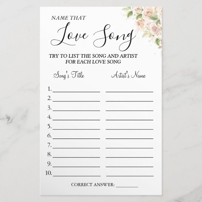 Floral Name that love song shower game card (Front)