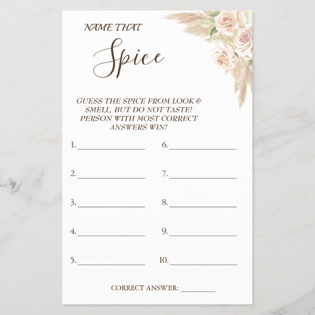 Floral Name that Spice Bridal shower game card (Front)