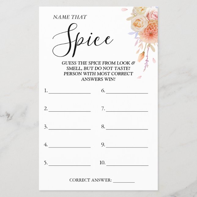 Floral Name that Spice Bridal shower game card (Front)