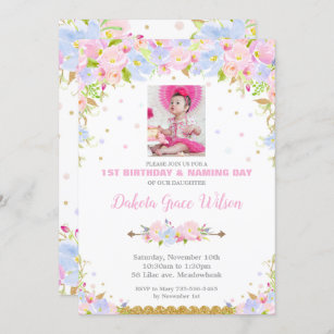 Floral Naming Day and 1st Birthday Invitation Girl