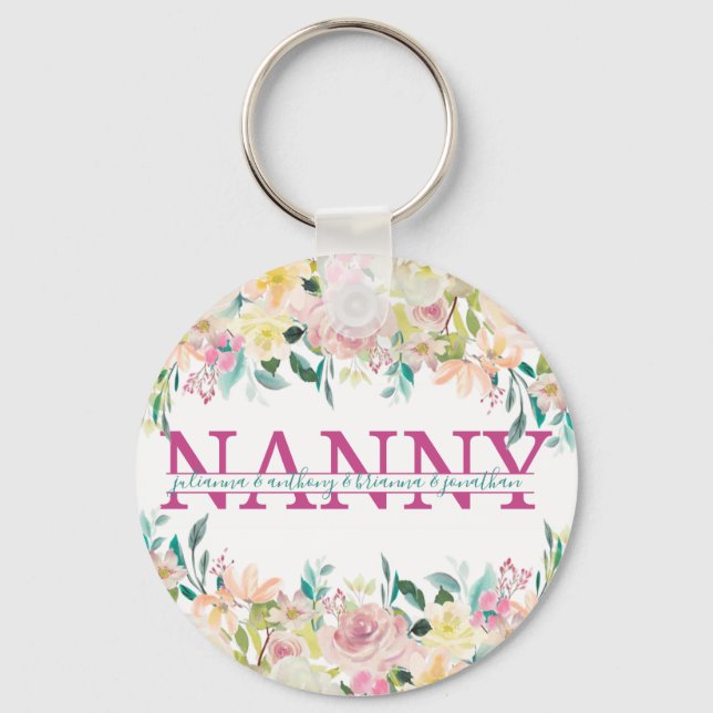 Floral Nanny split Monogram with grandkids names Key Ring (Front)