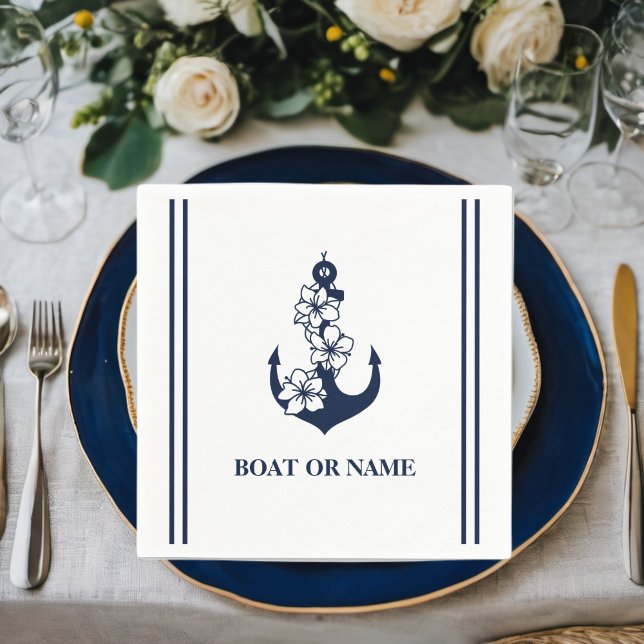 Floral Nautical Anchor Custom Boat Name White Napkin (Creator Uploaded)