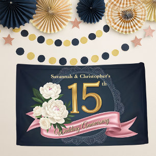 Floral Navy and Gold 15th Wedding Anniversary  Banner