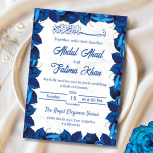 Floral Navy Blue and White Marble Muslim Wedding Invitation