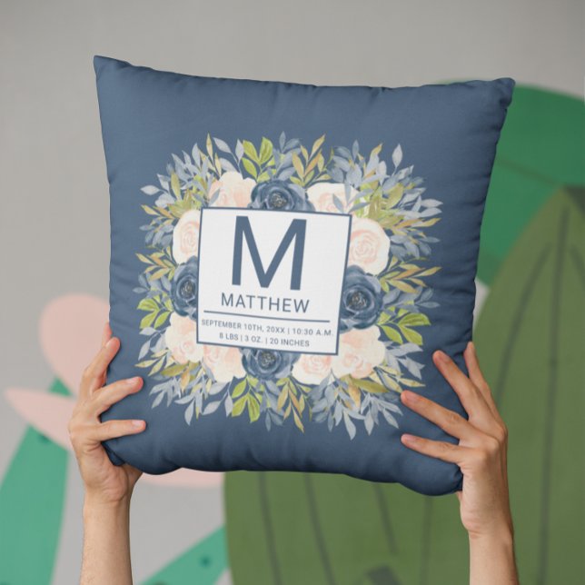 Floral Navy Blue Birth Stats Newborn Baby  Cushion (Creator Uploaded)