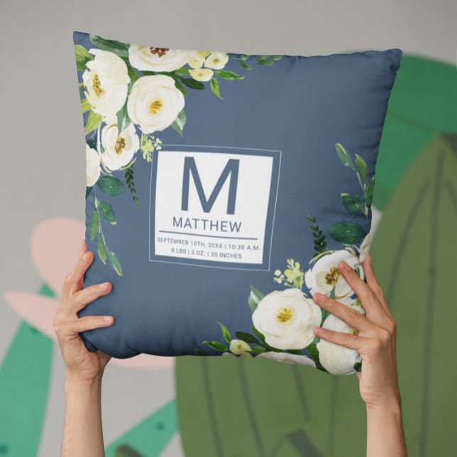 Floral Navy Blue Birth Stats Newborn Baby  Cushion (Creator Uploaded)