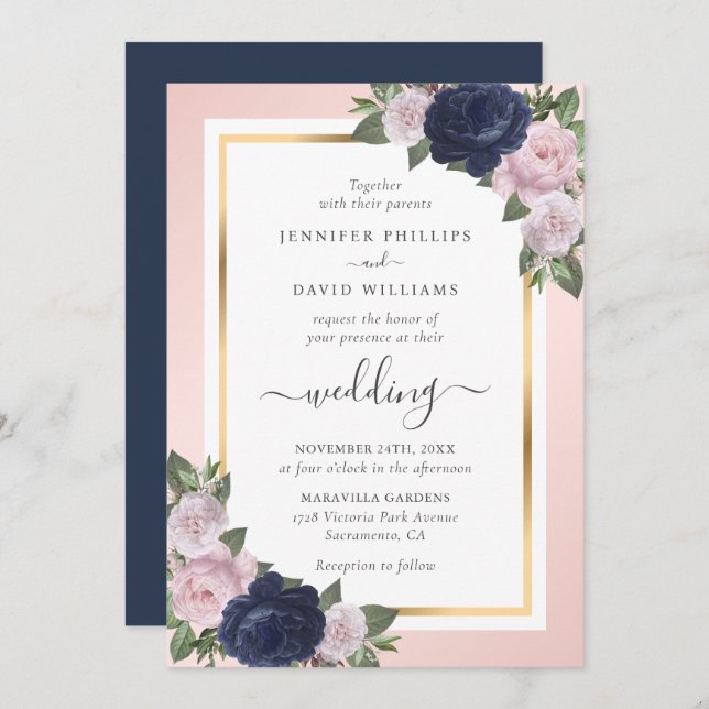 Floral Navy Blue Blush Gold Calligraphy Wedding Invitation (Front/Back)