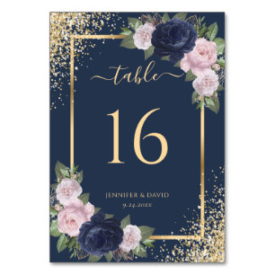 Floral Navy Blue Blush Pink Gold Frame Wedding Table Number