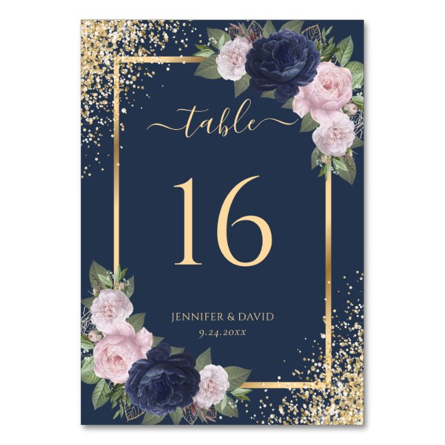 Floral Navy Blue Blush Pink Gold Frame Wedding Table Number (Back)