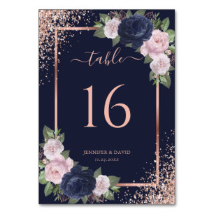 Floral Navy Blue Blush Rose Gold Frame Wedding Table Number