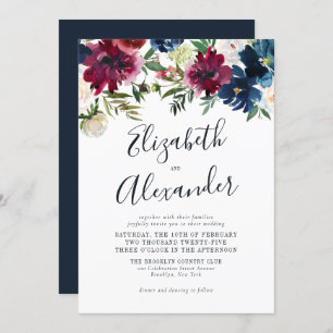 Floral Navy Blue Burgundy Elegant Script Wedding Invitation