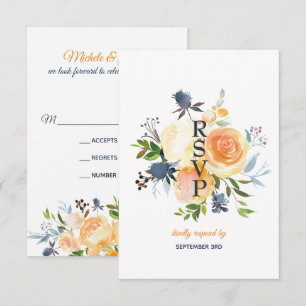 Floral Navy Blue Coral Wedding RSVP Card