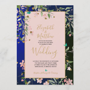 Floral Navy Blue Elegant Pink and Gold Chinoiserie Invitation