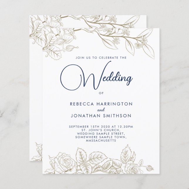 Floral Navy Blue Gold Budget Wedding Invitation (Front/Back)