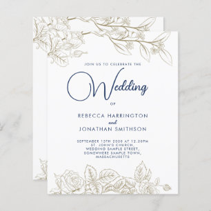 Floral Navy Blue Gold Budget Wedding Invitation