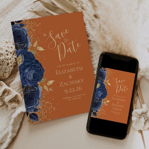 Floral Navy Blue Gold Burnt Orange Save the Date Announcement