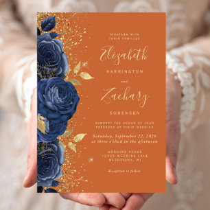 Floral Navy Blue Gold Burnt Orange Wedding Invitation