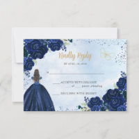 Floral Navy Blue Gold Glitter Princess Quinceañera