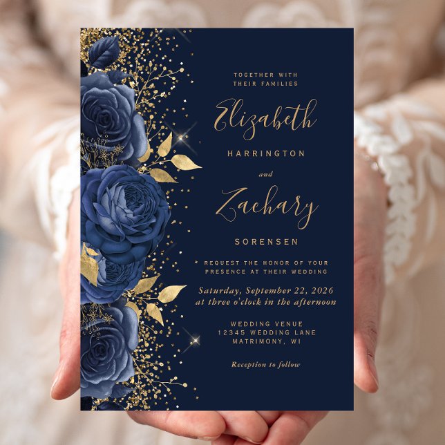 Floral Navy Blue Gold Glitter Wedding Invitation (Creator Uploaded)
