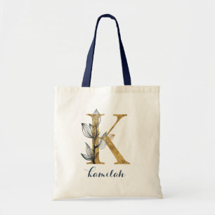 Floral Navy Blue Gold Leaf Personalised Letter "K" Tote Bag