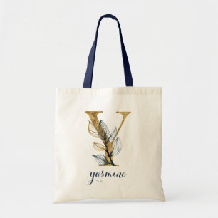 Floral Navy Blue Gold Leaf Personalised Letter "Y" Tote Bag