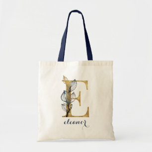 Floral Navy Blue Gold Leaf Personalized Letter "E" Tote Bag