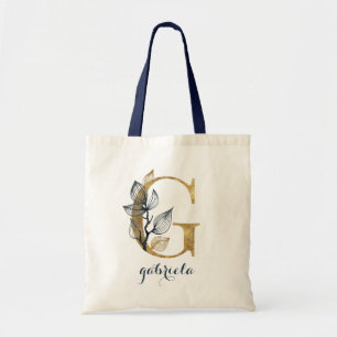 Floral Navy Blue Gold Leaf Personalized Letter "G" Tote Bag